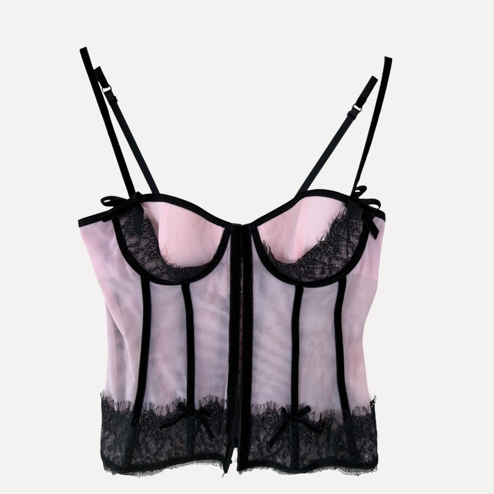 Victoria's Secret Corset Top Pink Black Lace 36B Velvet Trim Sexy Little Things